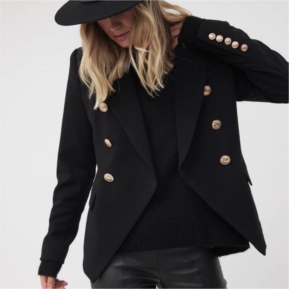 Decjuba Carly Blazer Black Gold Crest Button Double Breasted Jacket 6